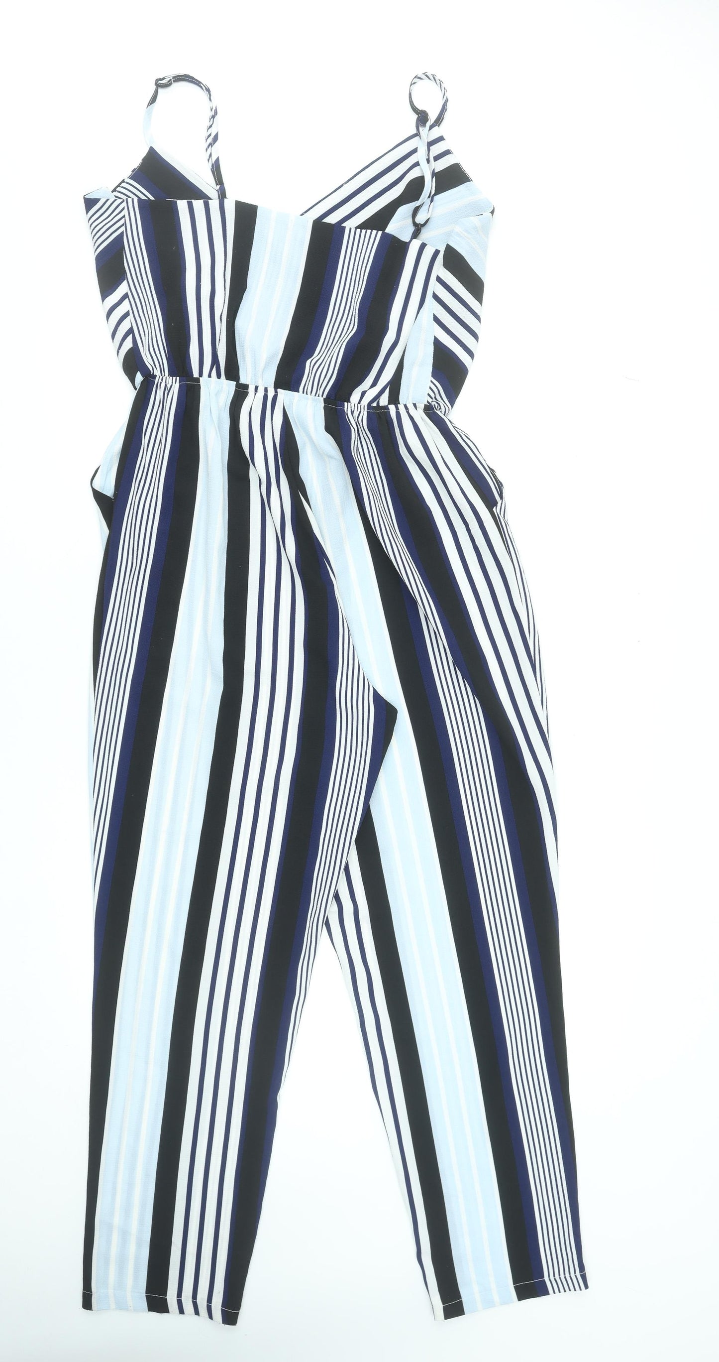 Cameo Rose Womens Black Blue Stripe Jumpsuit Size 12 Sleeveless V-Neck