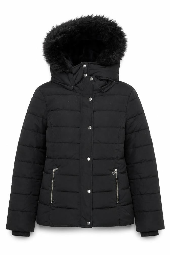 Front view of Stradivarius Women Black, size 12, Hooded Puffer Jacket