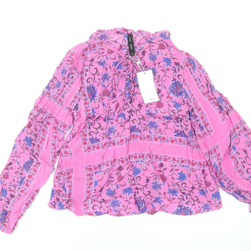 MNG Women Pink Floral Bohemian Long Sleeve Viscose Blouse XS