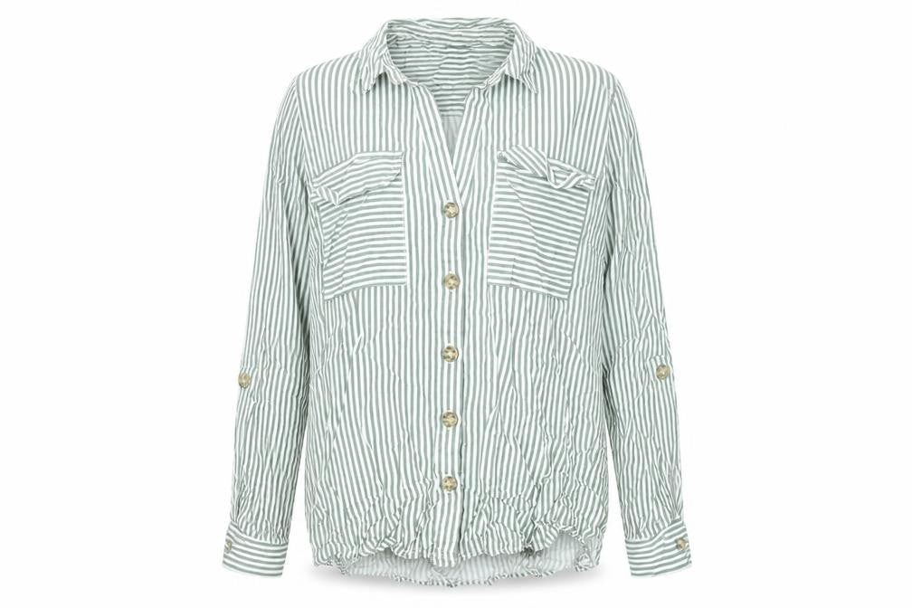 Front view of Vero Moda Women's Green Striped Button-Up Long Sleeve Shirt, size S