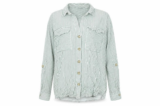 Front view of Vero Moda Women's Green Striped Button-Up Long Sleeve Shirt, size S