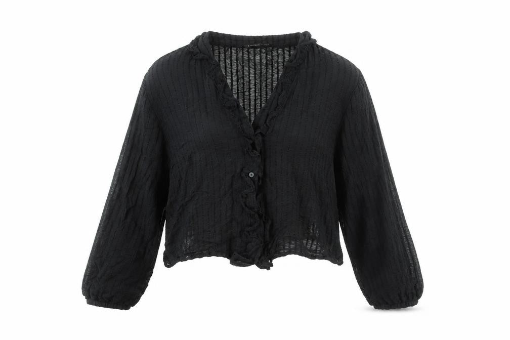 Front view of Stradivarius Women’s Black Cropped Ruffle Blouse, size UK 12
