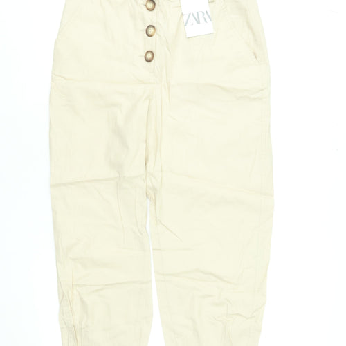 Zara Women Beige Cotton Cropped Trousers XS High Waist Button Front