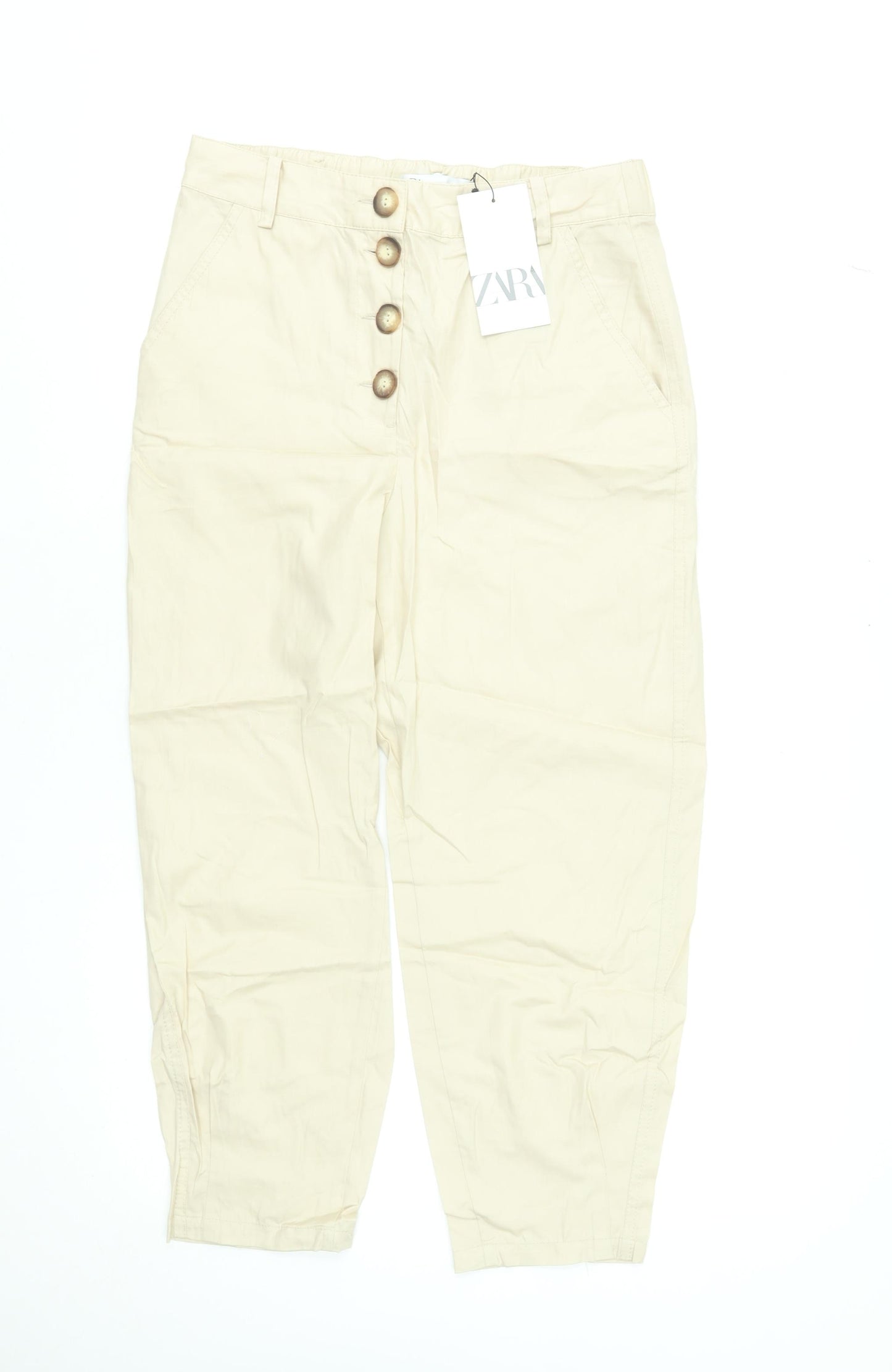 Zara Women Beige Cotton Cropped Trousers XS High Waist Button Front