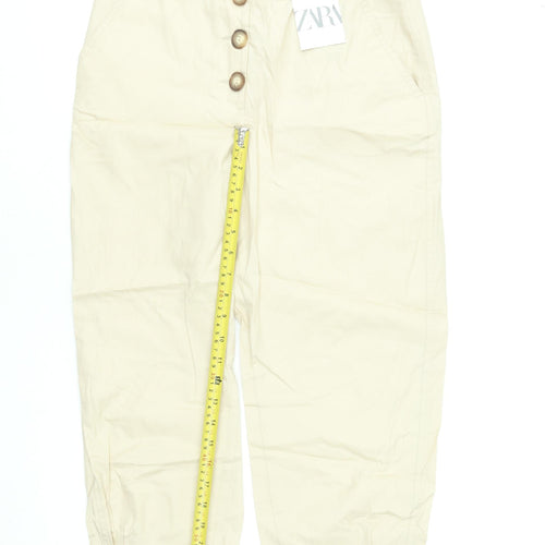 Zara Women Beige Cotton Cropped Trousers XS High Waist Button Front