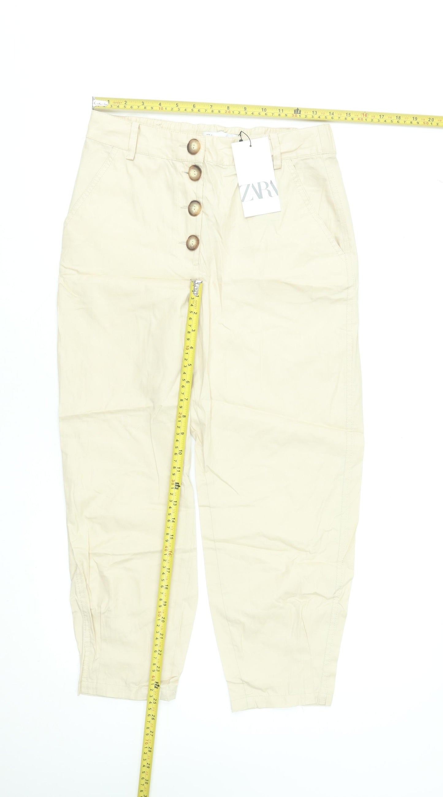 Zara Women Beige Cotton Cropped Trousers XS High Waist Button Front