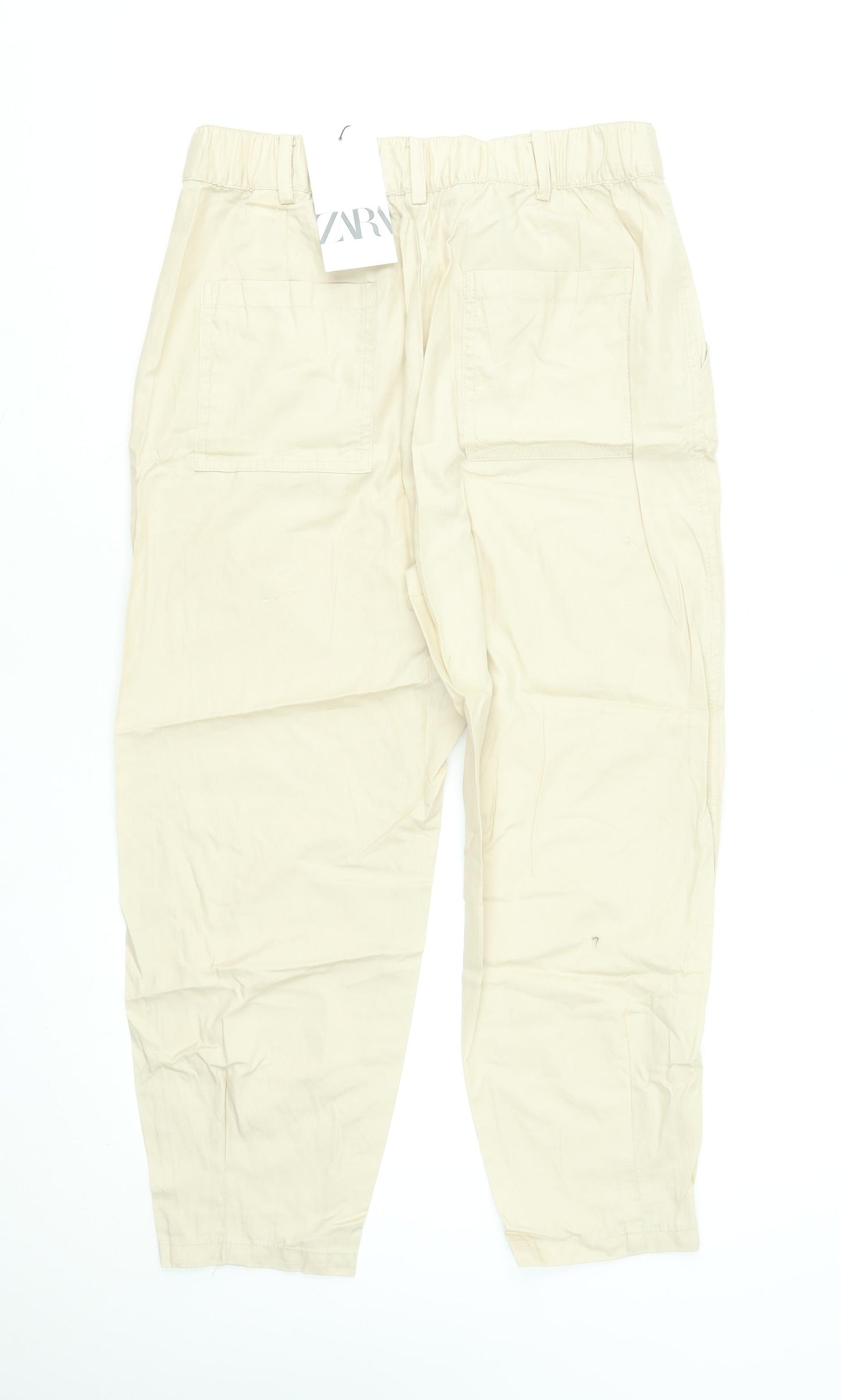 Zara Women Beige Cotton Cropped Trousers XS High Waist Button Front