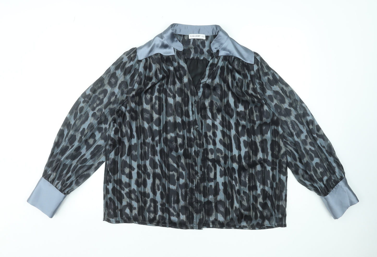 Gallery Women’s Grey Animal Print Sheer Long Sleeve Blouse Size 14