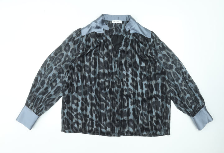 Gallery Women’s Grey Animal Print Sheer Long Sleeve Blouse Size 14