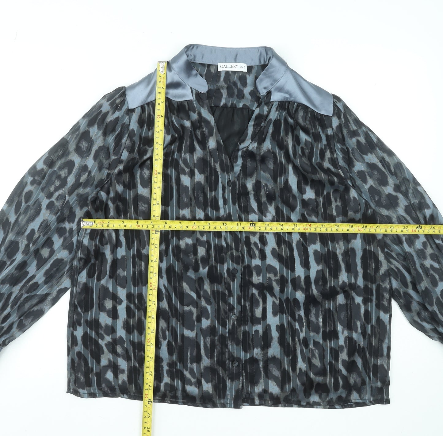 Gallery Women’s Grey Animal Print Sheer Long Sleeve Blouse Size 14