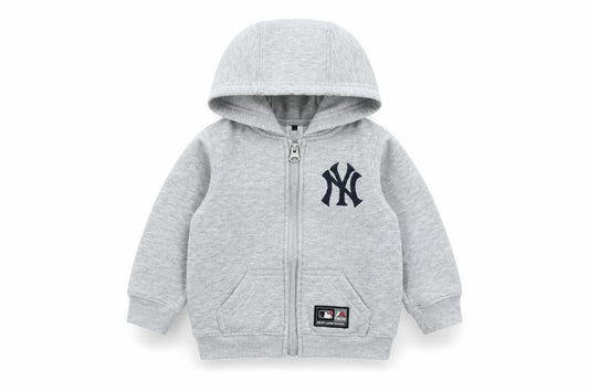 Front view of Majestic Athletic unisex baby grey hoodie 3-6 months polyester cotton zip up