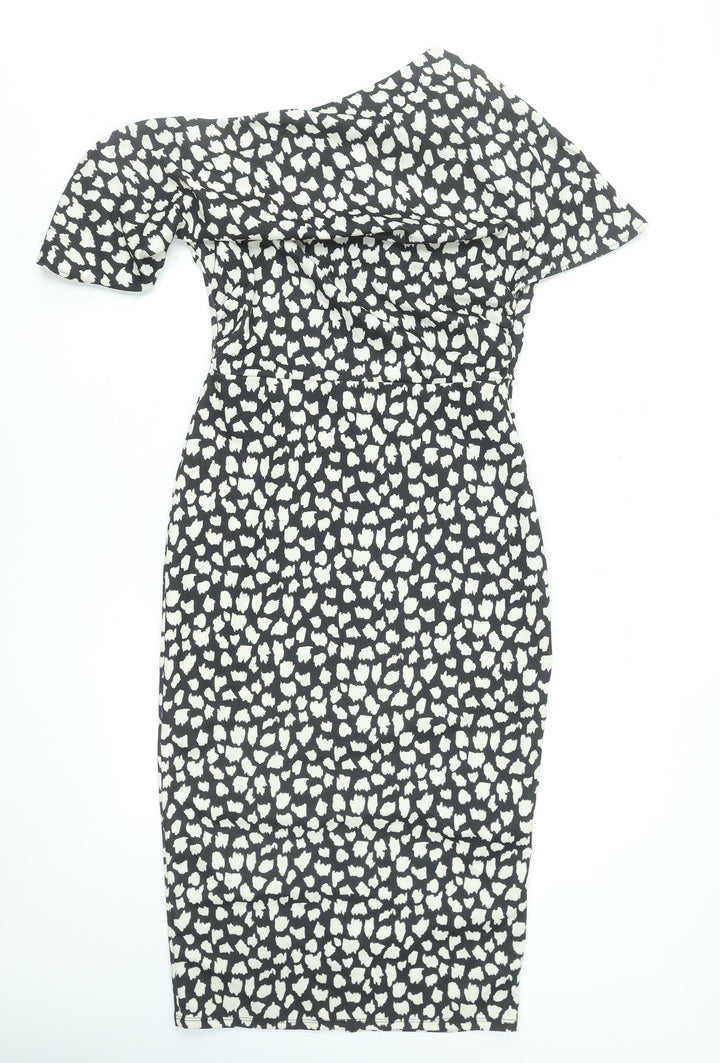 ASOS Women Black Animal Print One Shoulder Bodycon Dress Size 12