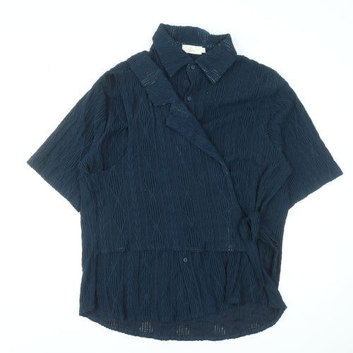 Ichoise Women's Blue Wrap Blouse Short Sleeve L Cotton Blend Top