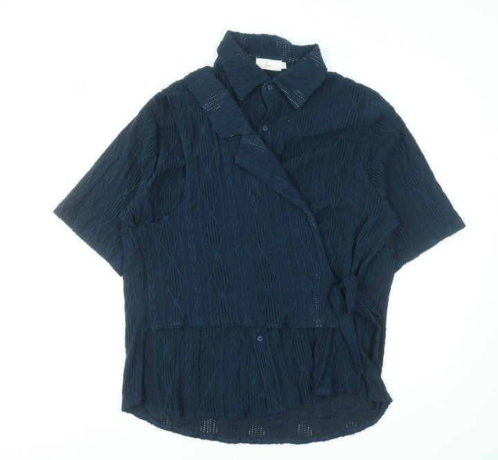 Ichoise Women's Blue Wrap Blouse Short Sleeve L Cotton Blend Top