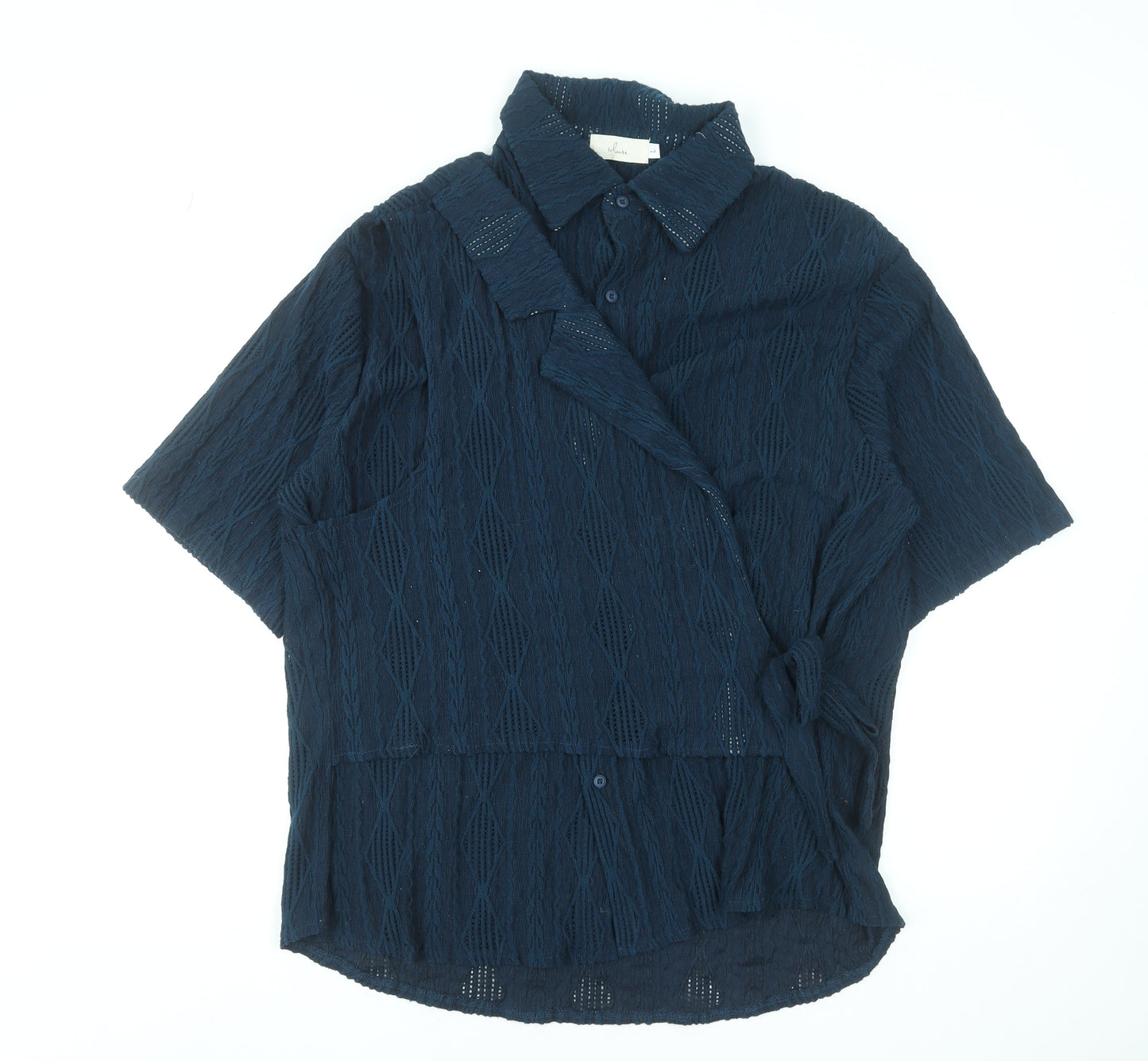 Ichoise Women's Blue Wrap Blouse Short Sleeve L Cotton Blend Top