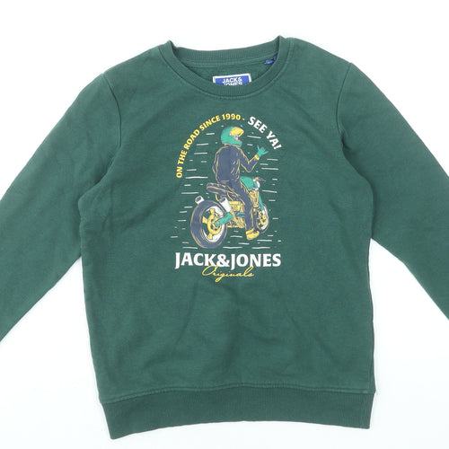 Jack & Jones Boys Green Graphic Sweatshirt Size 12 Years Crew Neck Cotton Blend
