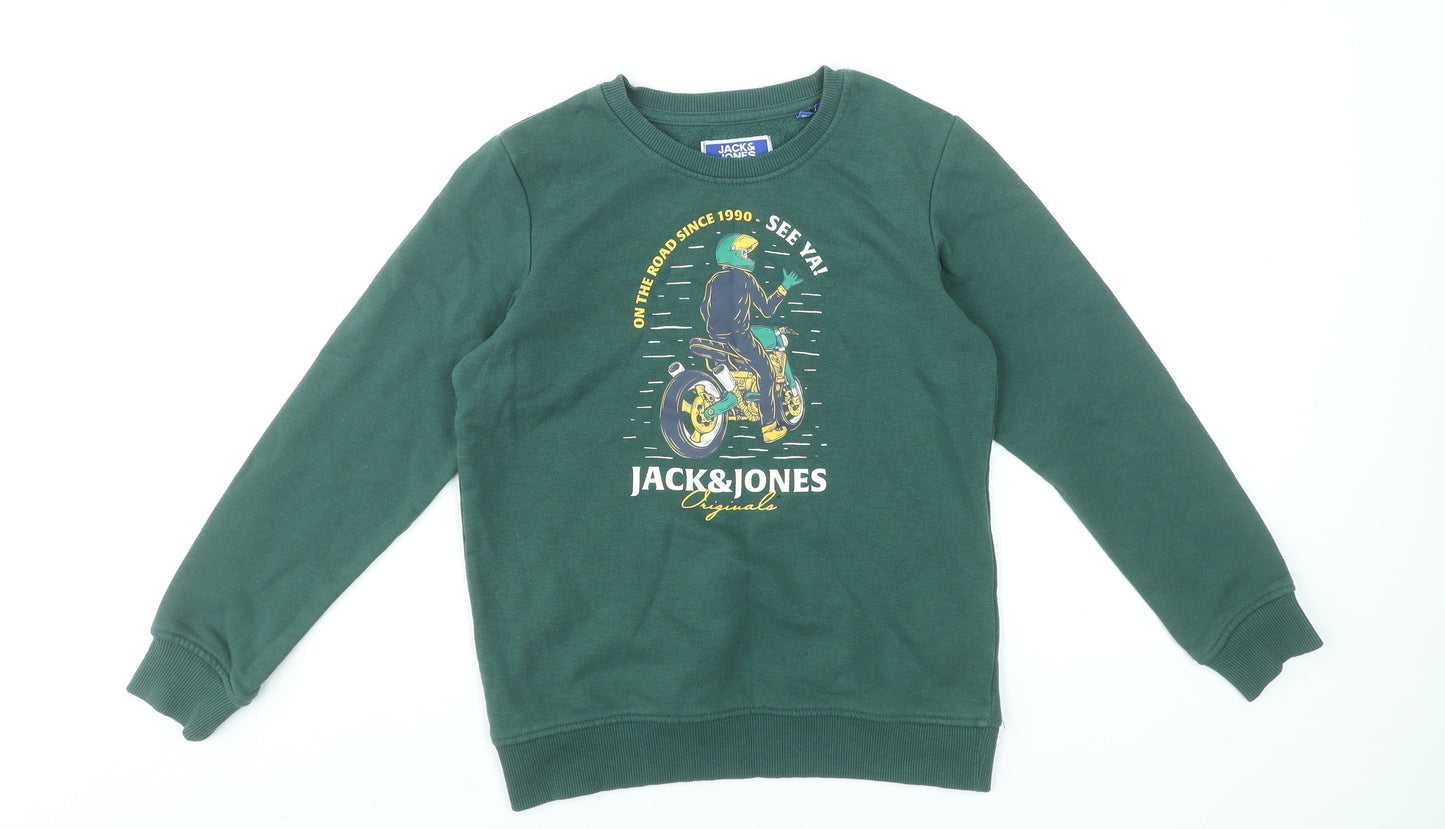 Jack & Jones Boys Green Graphic Sweatshirt Size 12 Years Crew Neck Cotton Blend