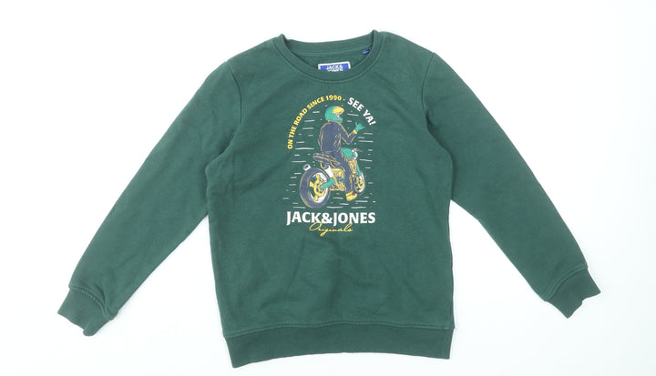 Jack & Jones Boys Green Graphic Sweatshirt Size 12 Years Crew Neck Cotton Blend
