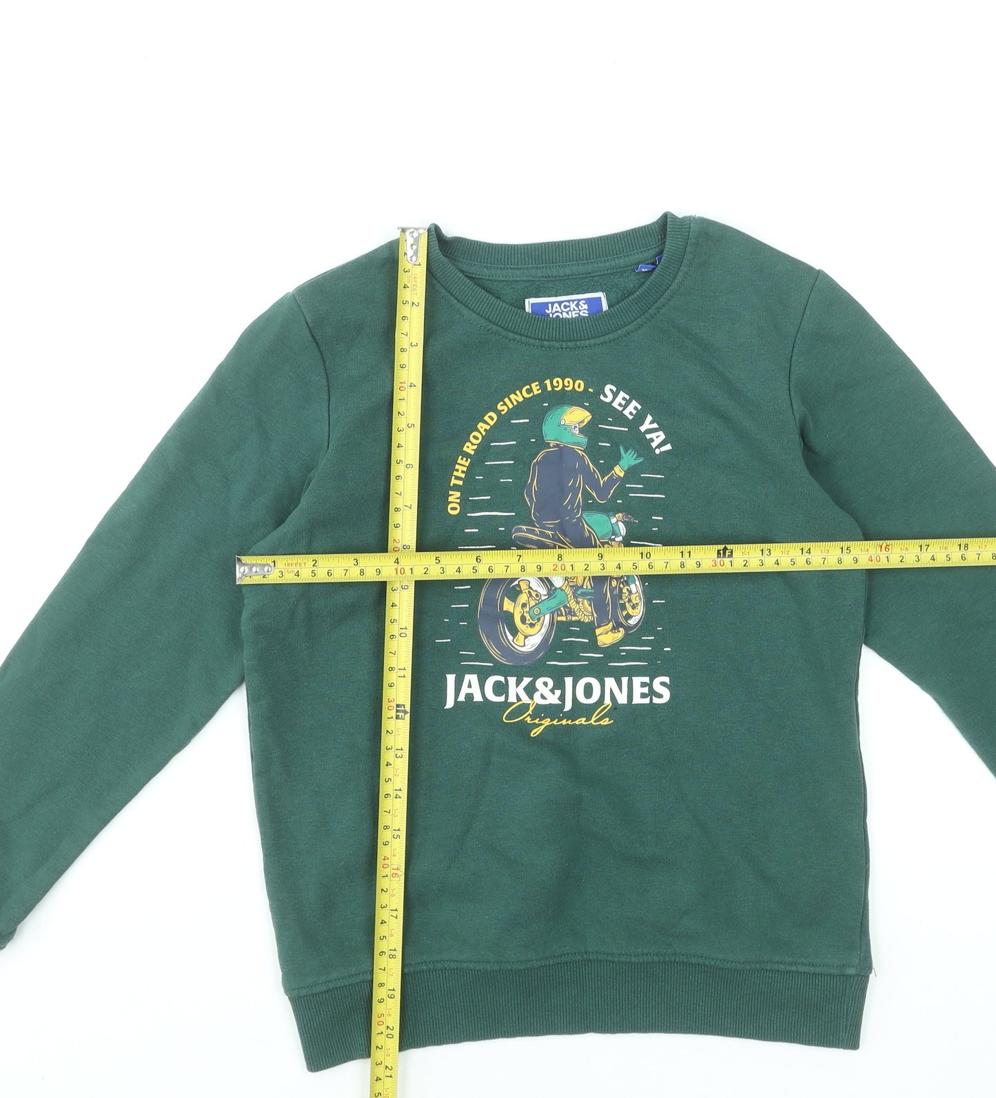 Jack & Jones Boys Green Graphic Sweatshirt Size 12 Years Crew Neck Cotton Blend