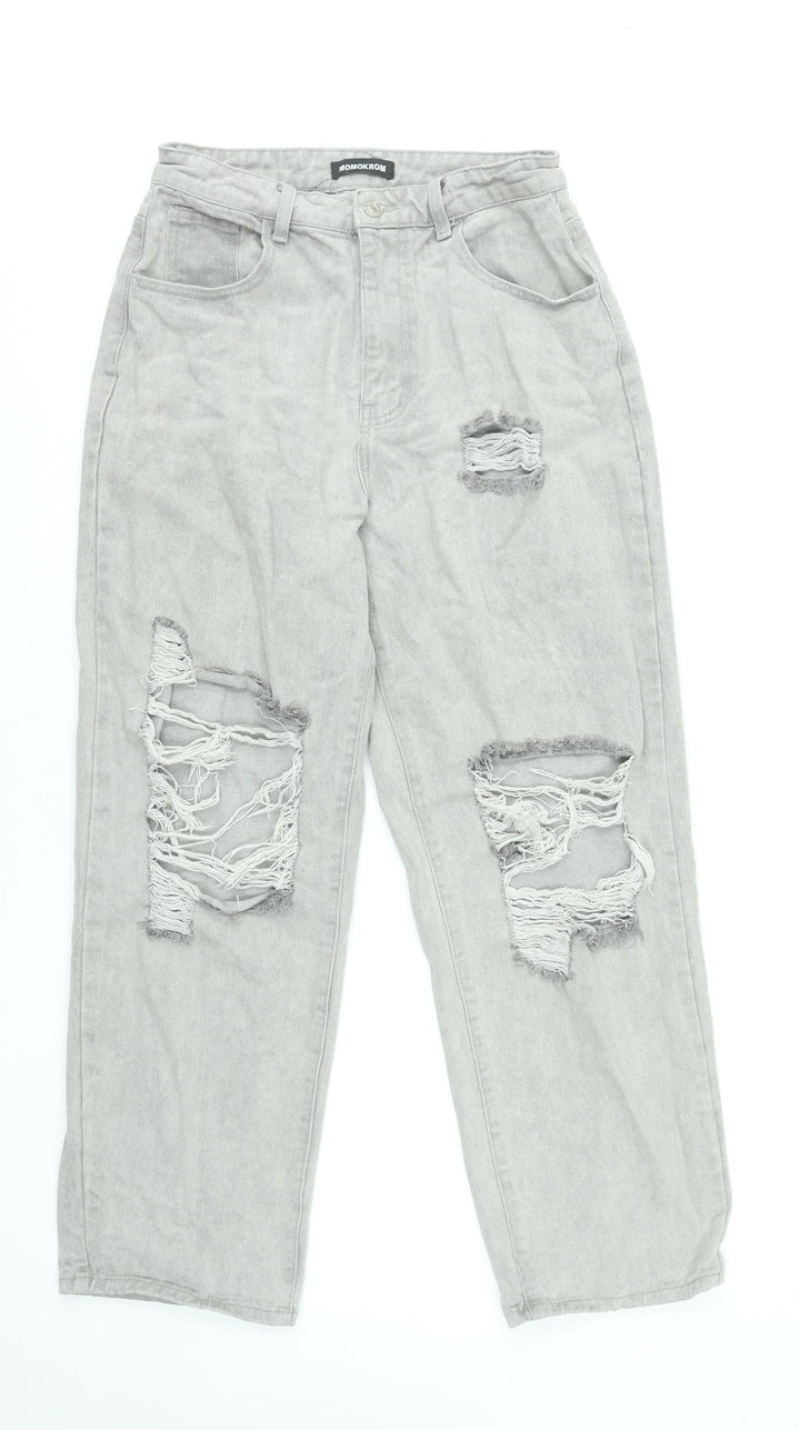 Momokrom Women’s Grey Distressed Straight Jeans UK 8