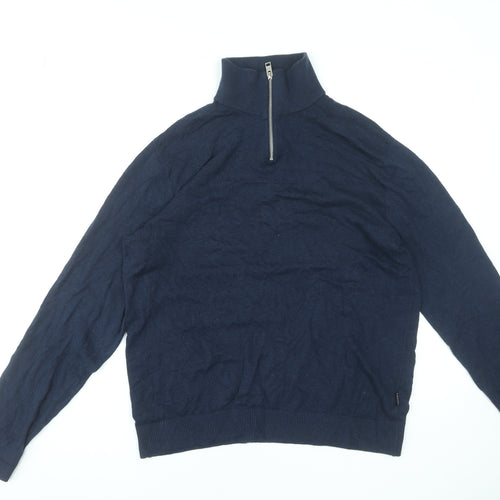 Jack & Jones Men's Blue L High Neck 1/2 Zip Cotton Knit Jumper
