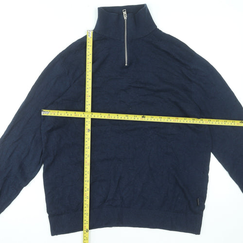 Jack & Jones Men's Blue L High Neck 1/2 Zip Cotton Knit Jumper