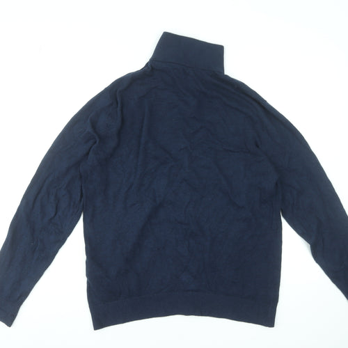 Jack & Jones Men's Blue L High Neck 1/2 Zip Cotton Knit Jumper