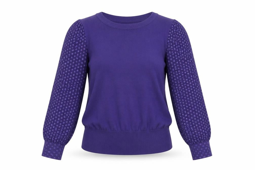Front view of Gallery Women's Purple Polka Dot Puff Sleeve Blouse UK S
