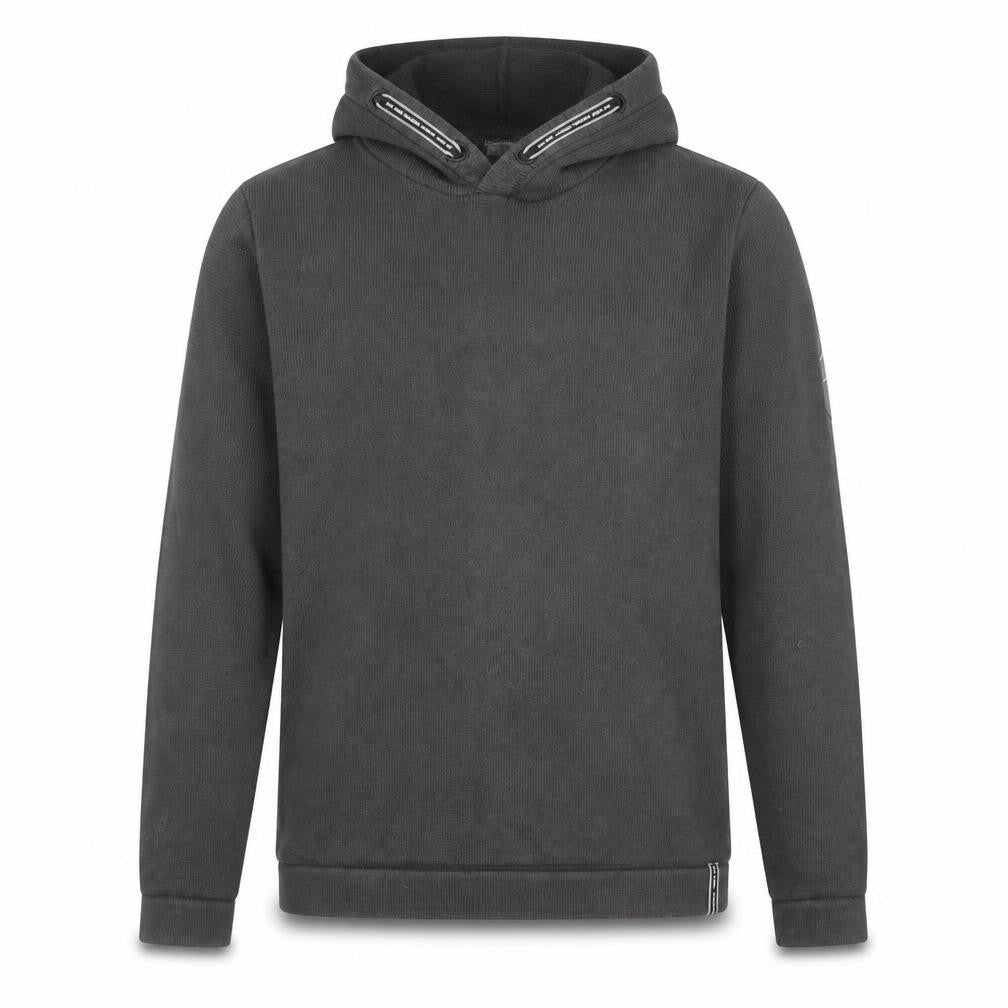 Front view of Jack & Jones boys’ black pullover hoodie, size 164, cotton blend casual