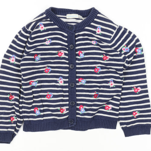 JoJo Maman Bébé Girls Navy Floral Stripe Cotton Cardigan 2-3 Years