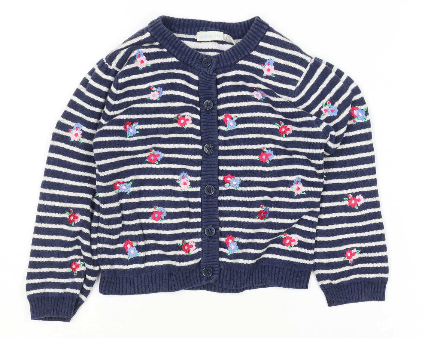 JoJo Maman Bébé Girls Navy Floral Stripe Cotton Cardigan 2-3 Years