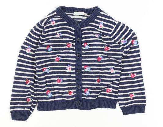 JoJo Maman Bébé Girls Navy Floral Stripe Cotton Cardigan 2-3 Years