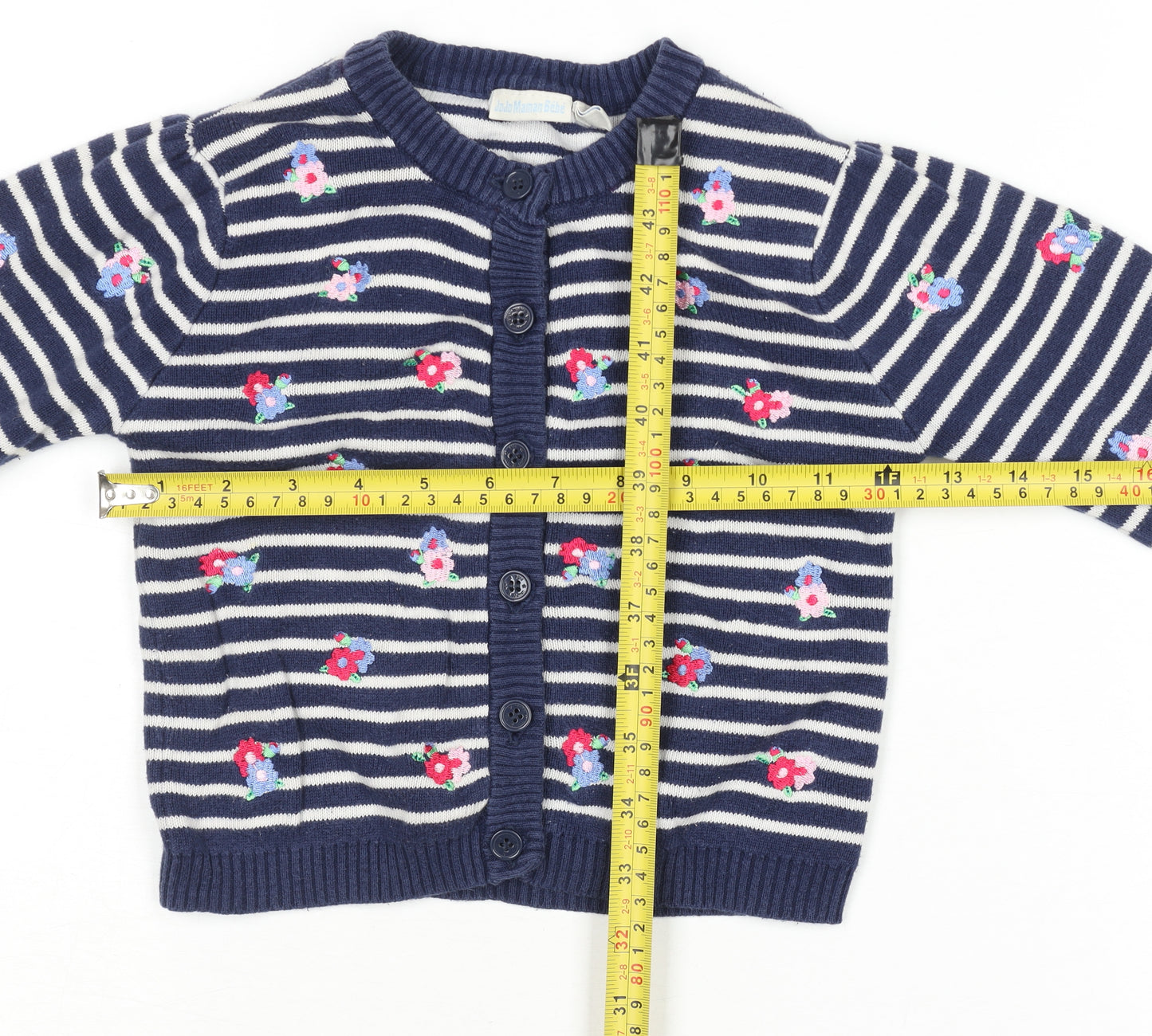 JoJo Maman Bébé Girls Navy Floral Stripe Cotton Cardigan 2-3 Years