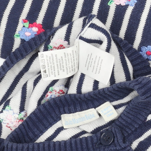 JoJo Maman Bébé Girls Navy Floral Stripe Cotton Cardigan 2-3 Years