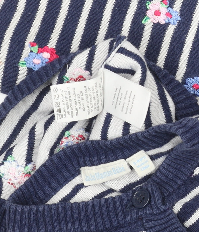 JoJo Maman Bébé Girls Navy Floral Stripe Cotton Cardigan 2-3 Years