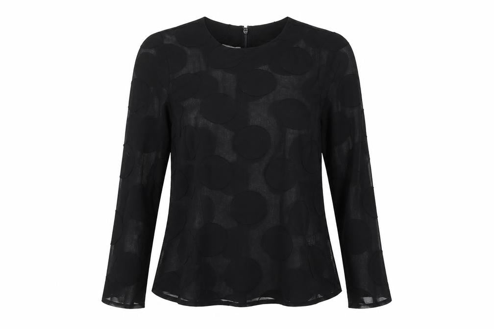 Front view of H&M Women's Black Sheer Polka Dot Long Sleeve Blouse, size 10