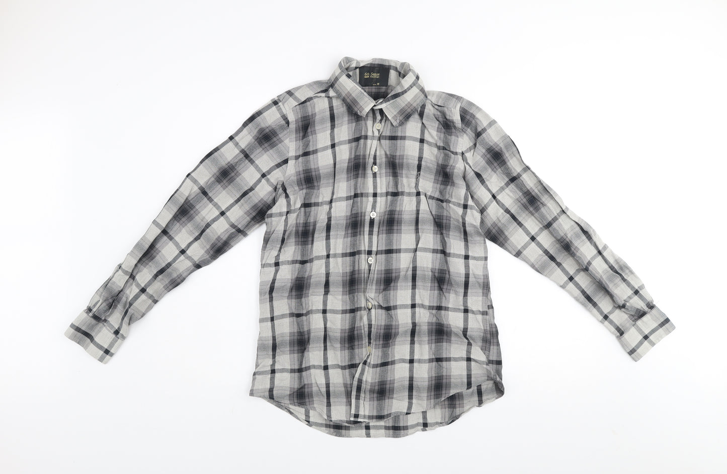 6th Sense Men's Grey Checked Cotton Long Sleeve Button-Up Shirt M