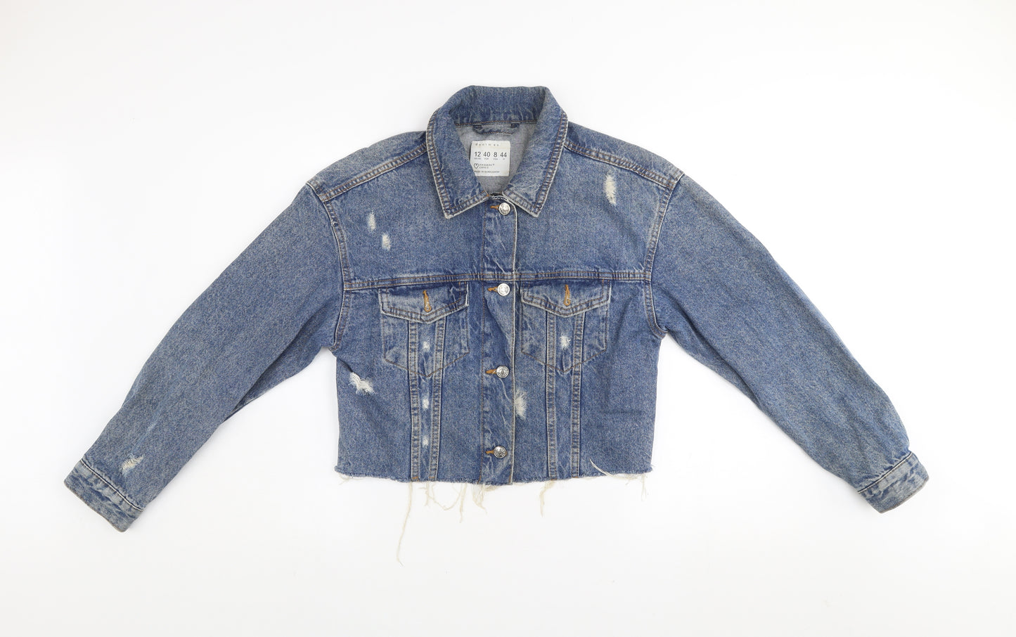 Primark Women’s Blue Cropped Denim Jacket Size 12 Distressed Style