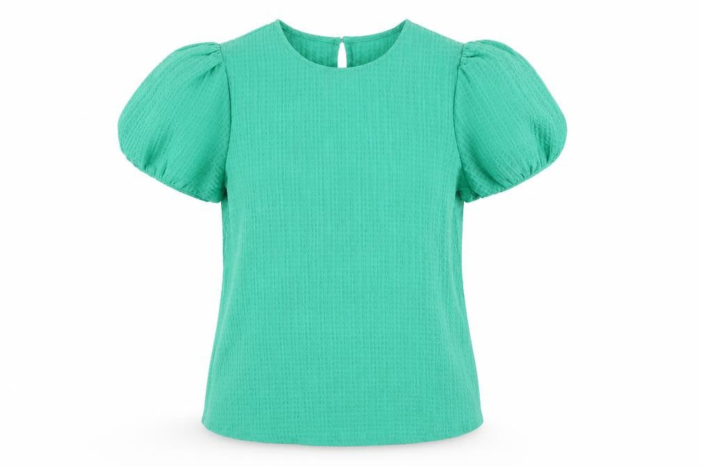 Front view of Gallery Women's Green Puff Sleeve Crew Neck Blouse UK 8