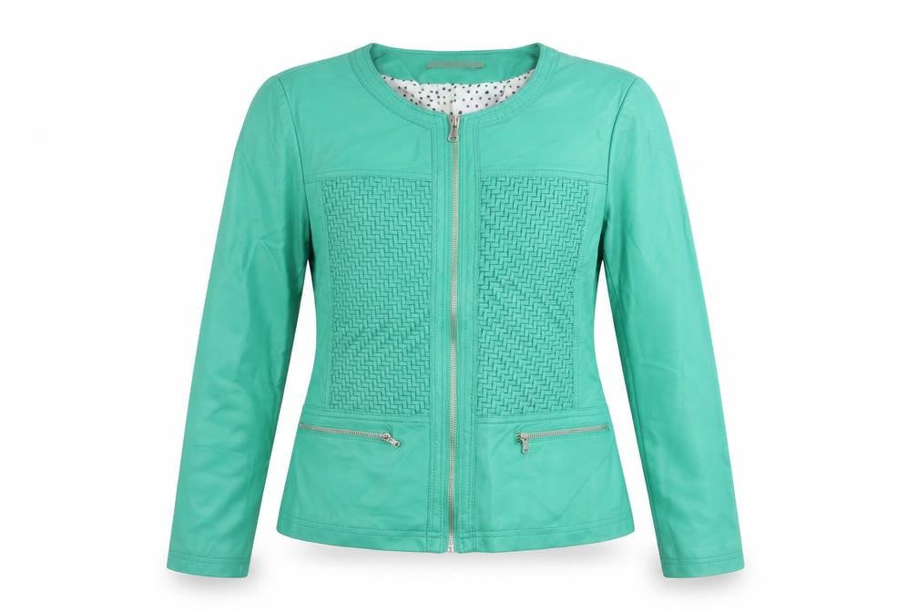 Escandelle Paris Womens Green Faux Leather Jacket L Zip Pockets