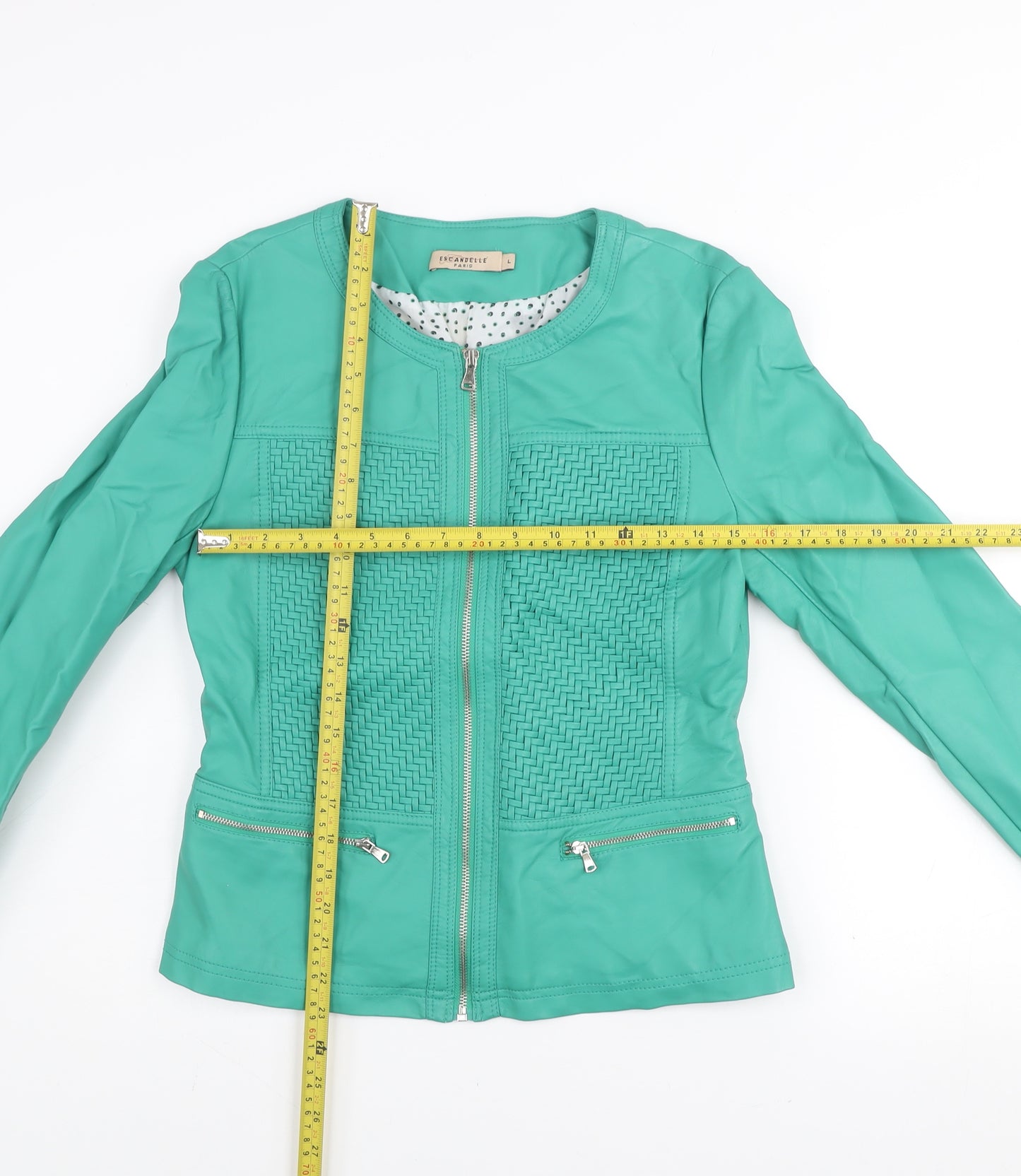 Escandelle Paris Womens Green Faux Leather Jacket L Zip Pockets