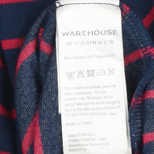 Warehouse Women's Blue Striped 3/4 Sleeve Crew Neck Jersey Top Size 12