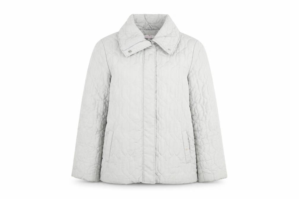 Front view of Julipa women’s grey quilted mid-length jacket, size UK 12