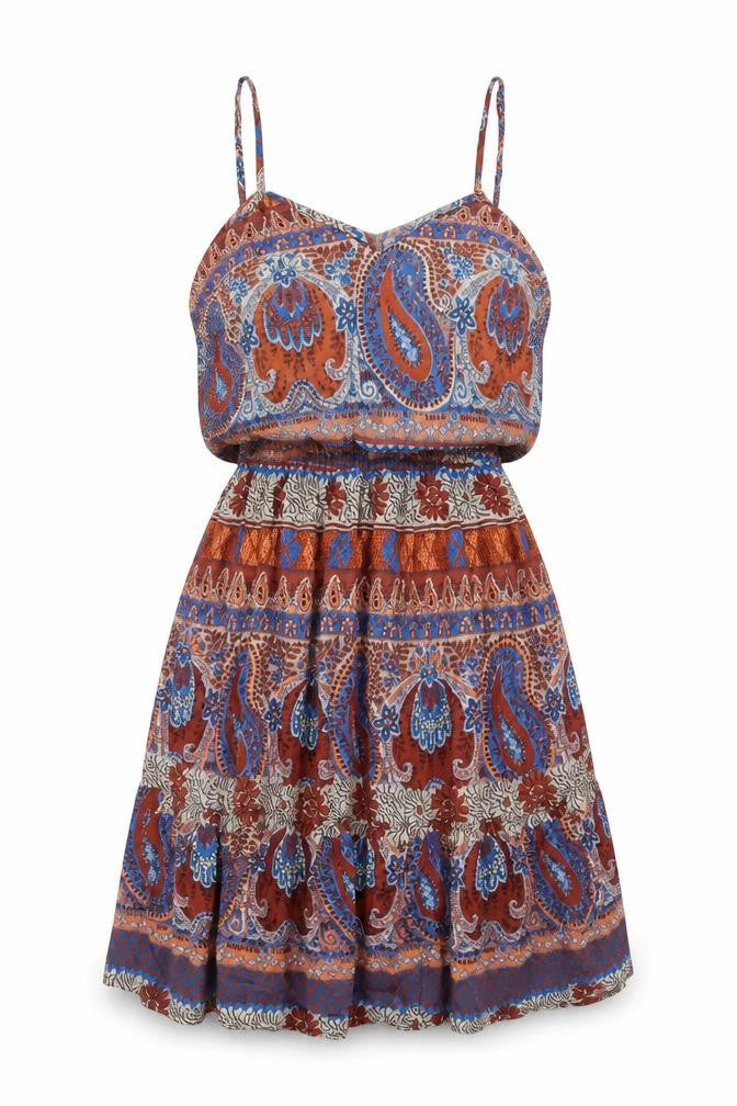 Front view of Atmosphere women’s multicoloured paisley slip dress, size UK 8, boho summer