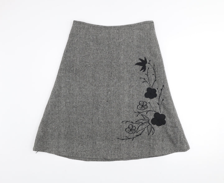 St. Bernard for Dunnes Stores Grey Wool Blend A-Line Floral Embroidered Skirt Women's Size 8