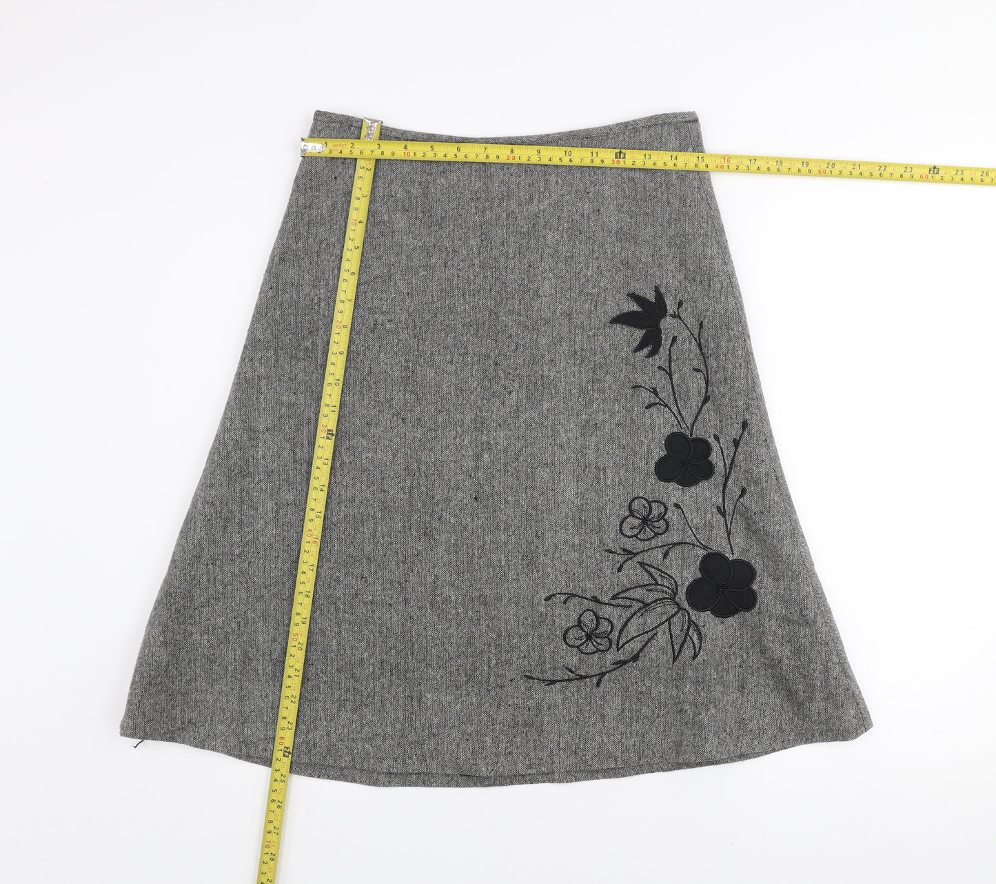 St. Bernard for Dunnes Stores Grey Wool Blend A-Line Floral Embroidered Skirt Women's Size 8