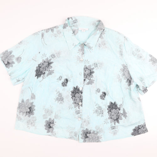 Dressbarn Women Blue Floral Rayon Short Sleeve Button-Up Top Size 24