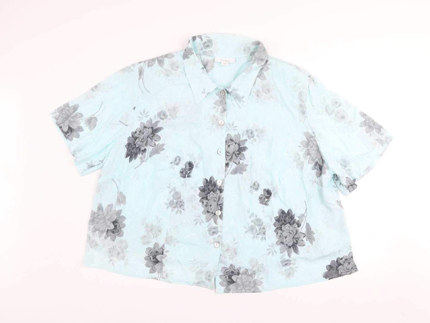 Dressbarn Women Blue Floral Rayon Short Sleeve Button-Up Top Size 24