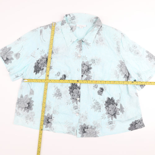 Dressbarn Women Blue Floral Rayon Short Sleeve Button-Up Top Size 24