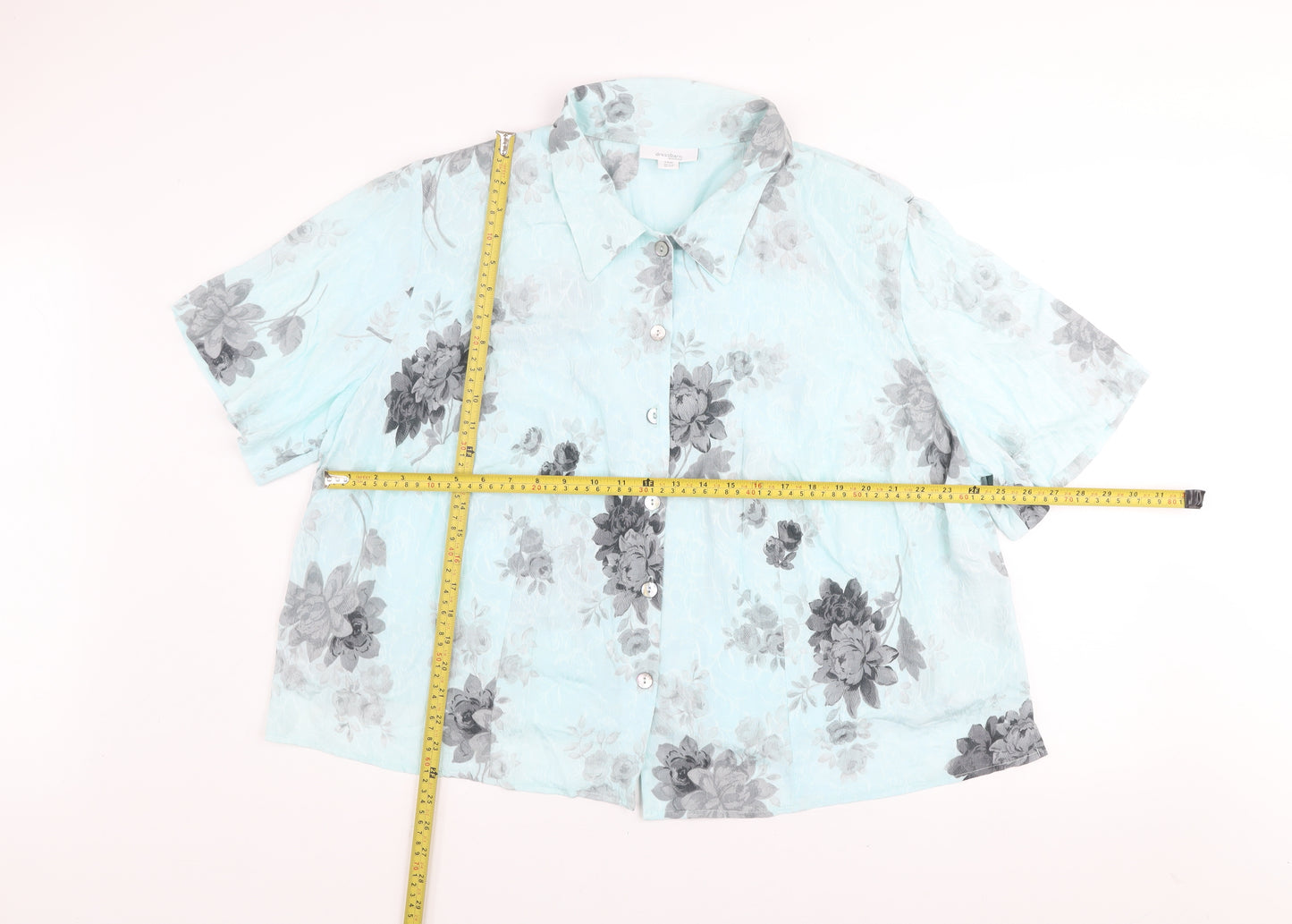 Dressbarn Women Blue Floral Rayon Short Sleeve Button-Up Top Size 24